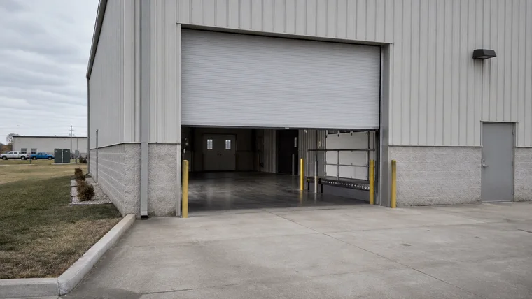 Rolling steel overhead door half-open on a light-industrial building under an overcast prairie sky