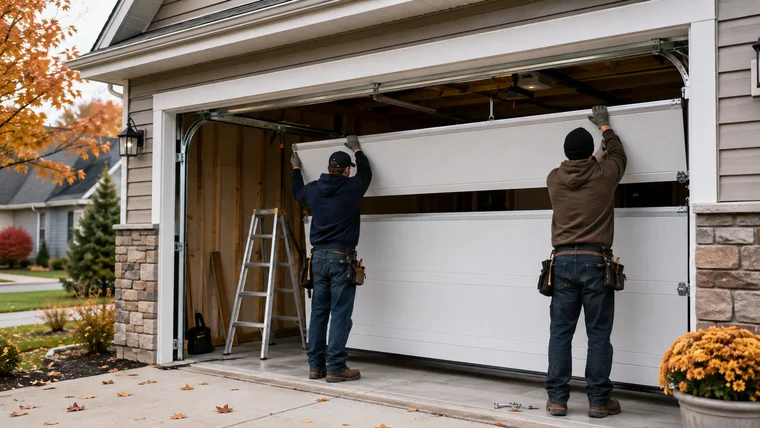 Two installers lifting a new insulated garage door section into the tracks on a fall day
