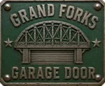 Grand Forks Garage Door - riveted builder's plate logo
