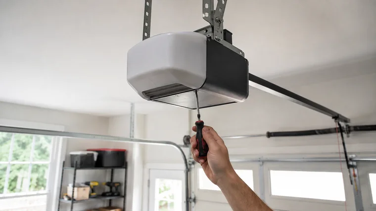 Technician reaching up with a screwdriver to service a ceiling-mounted garage door opener unit