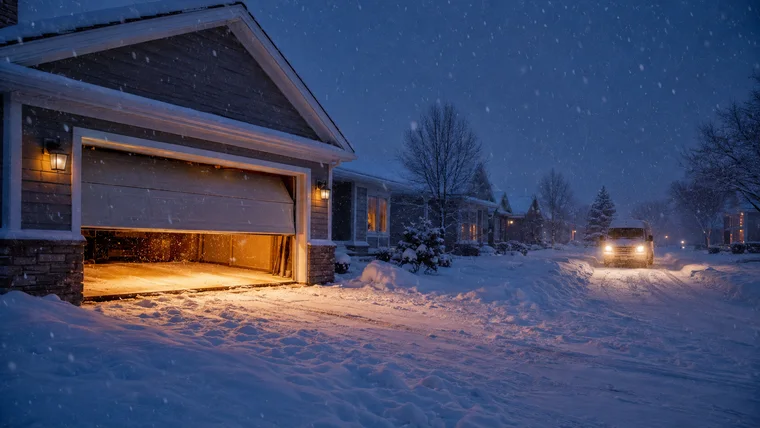 Garage door stuck half-open on a snowy Grand Forks evening, warm light spilling onto deep snow as a service van approaches